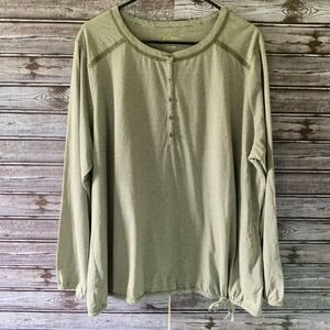 LL Bean Women's Long-Sleeved Top Size 2X Olive Green White‎ Striped Tie Detail